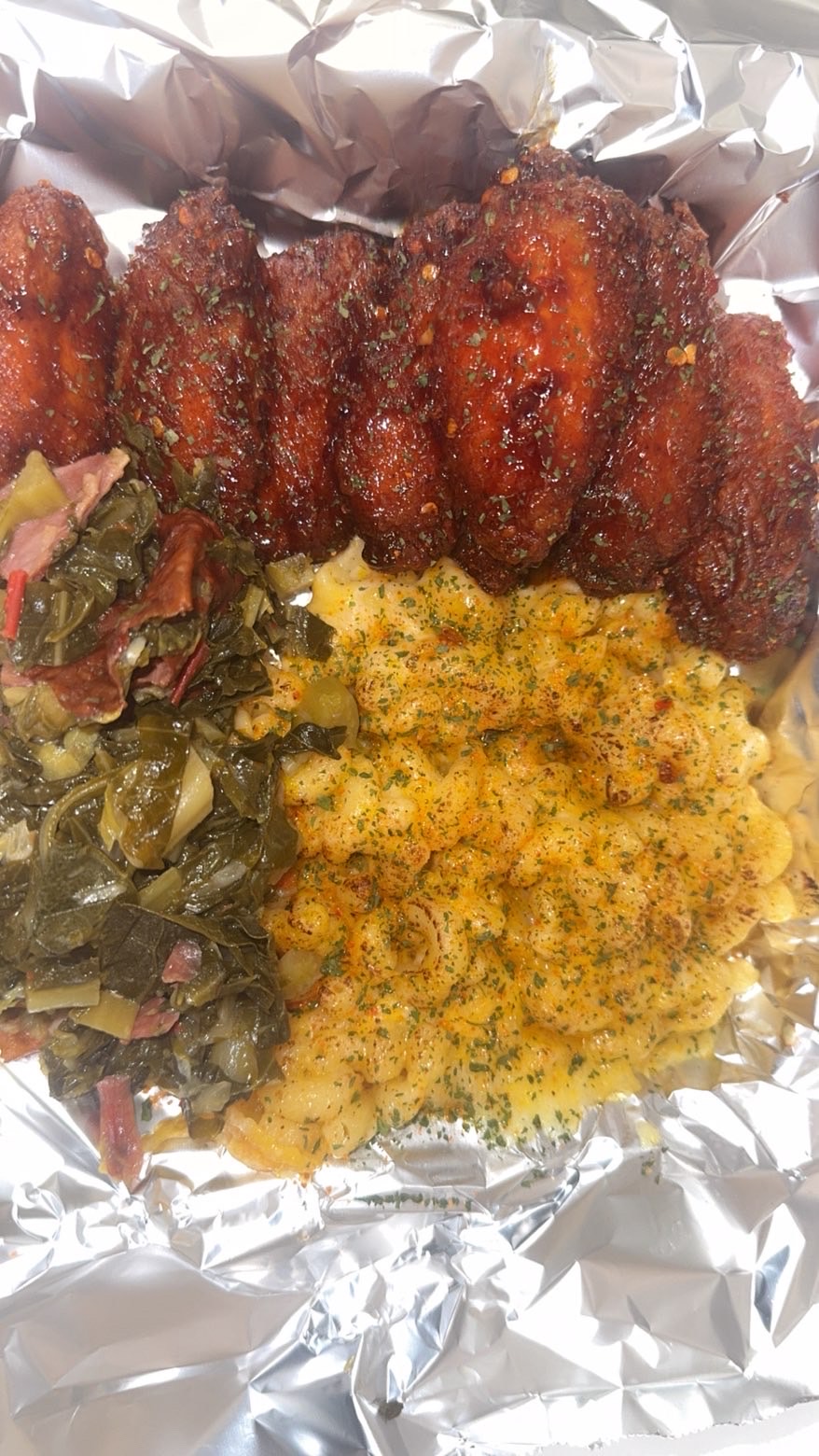 SFK wings with mac and cheese and collard greens in foil