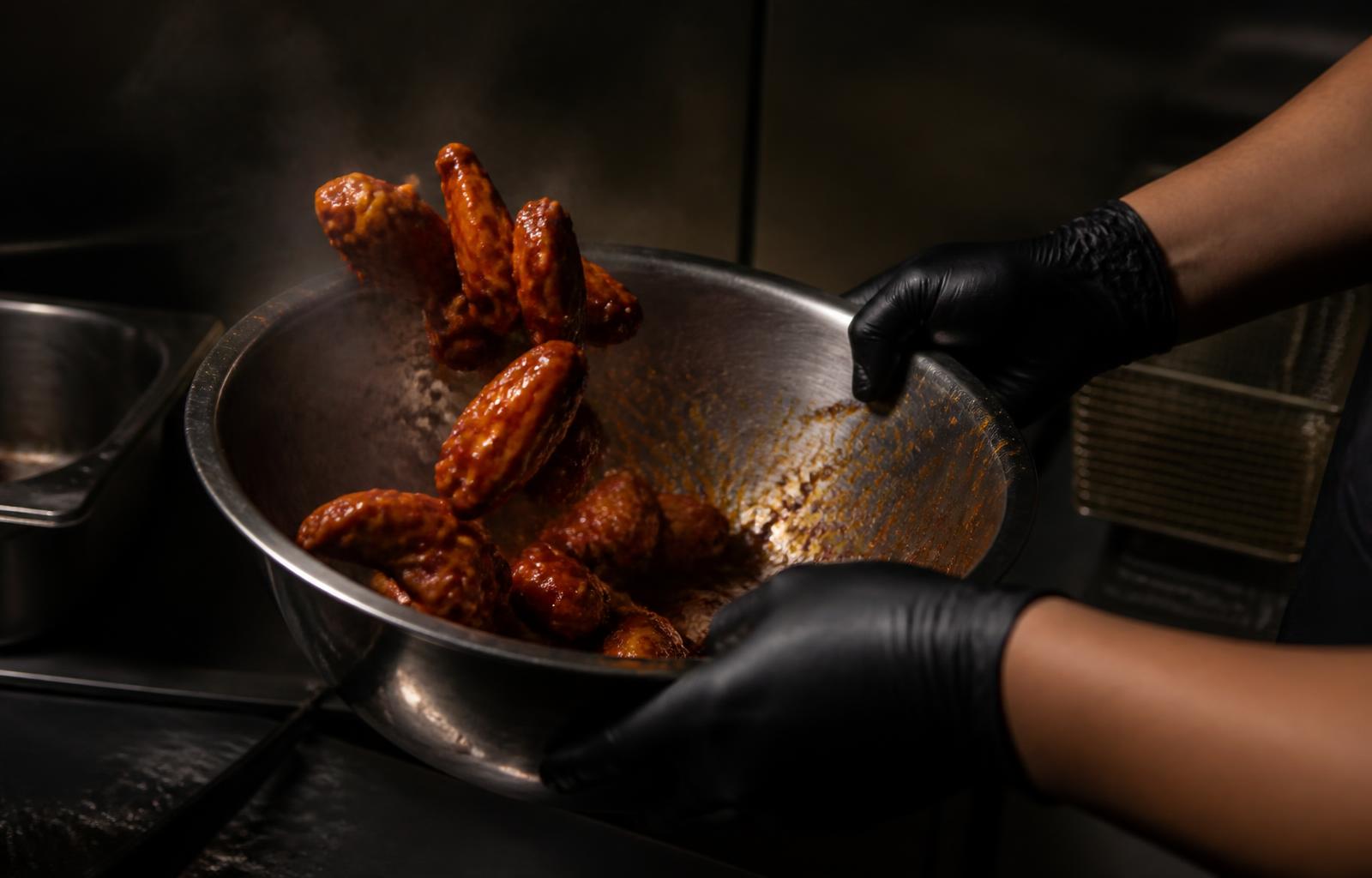 Chef tossing wings in sauce inside the SFK kitchen